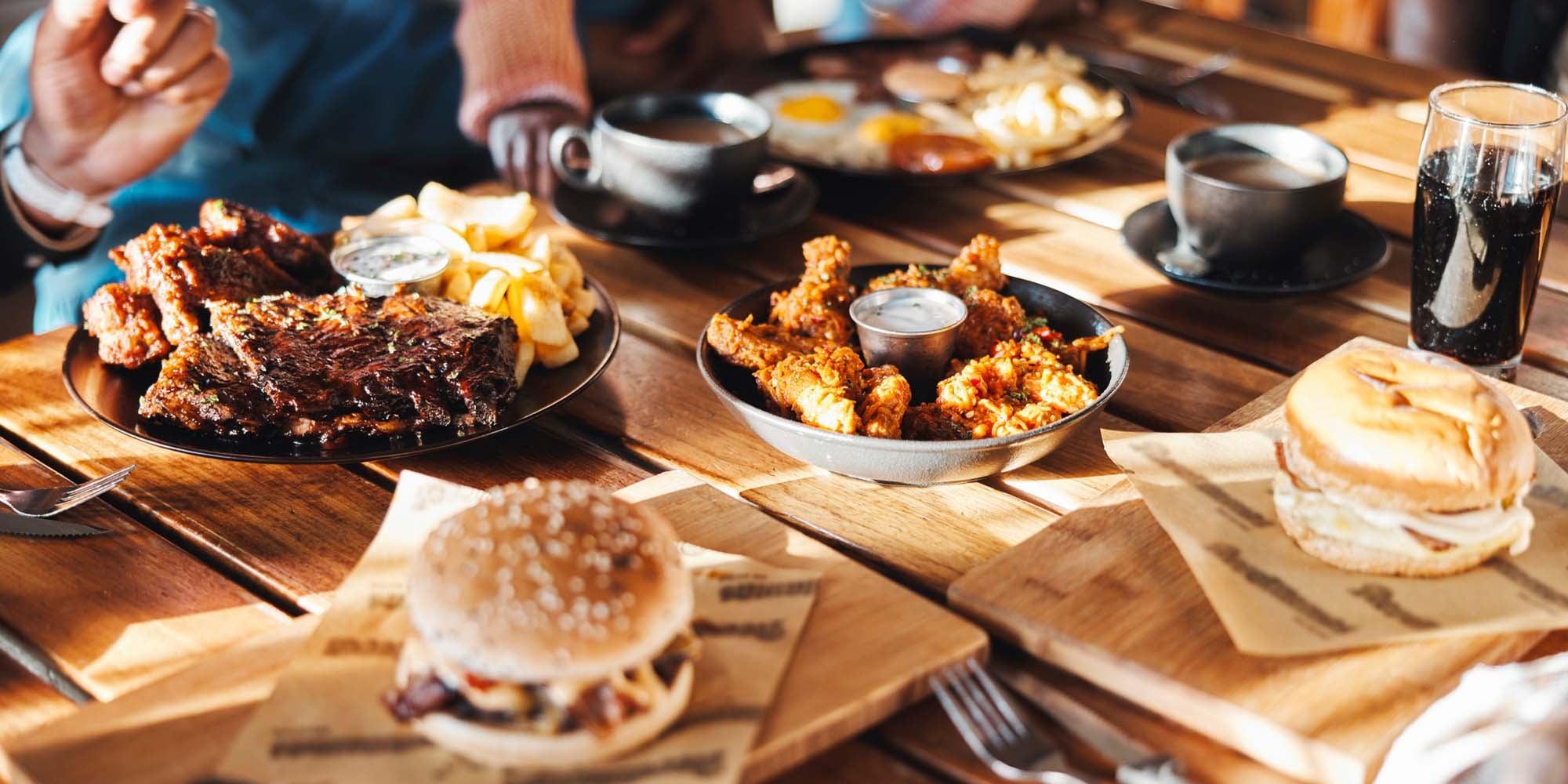 Fried foods on a table at a restaurant