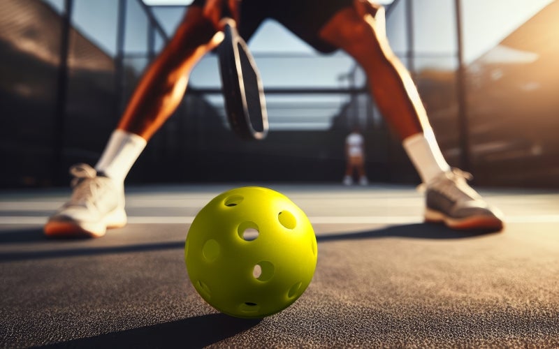 Macro photo of a pickleball ball resting on the ground in front of a player getting ready to serve